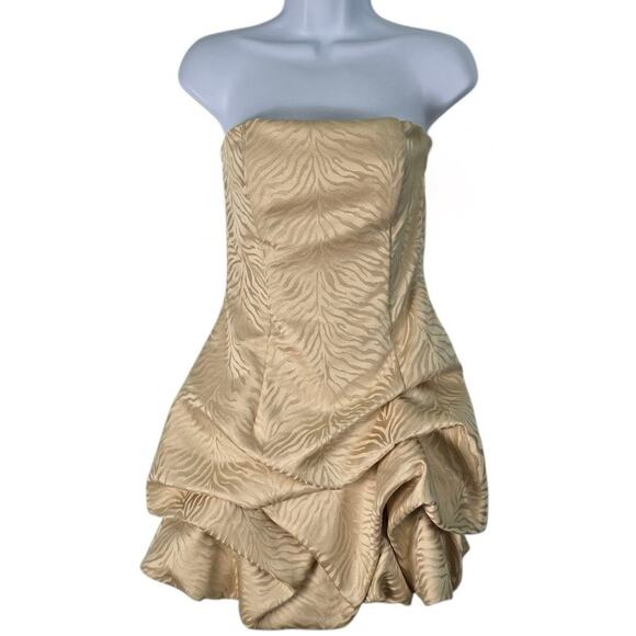 Vintage 80s 90s Jessica McClintock Gold Strapless Mini Dress Zebra Jacquard 6 - Picture 2 of 11